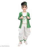 Light green coti kurta salwar from RK Collection, hand-embroidered with zari, suitable for festive kids parties. Three-quarter sleeves and knee-length, available in sizes 3-9 years. Indian ethnic wear for girls